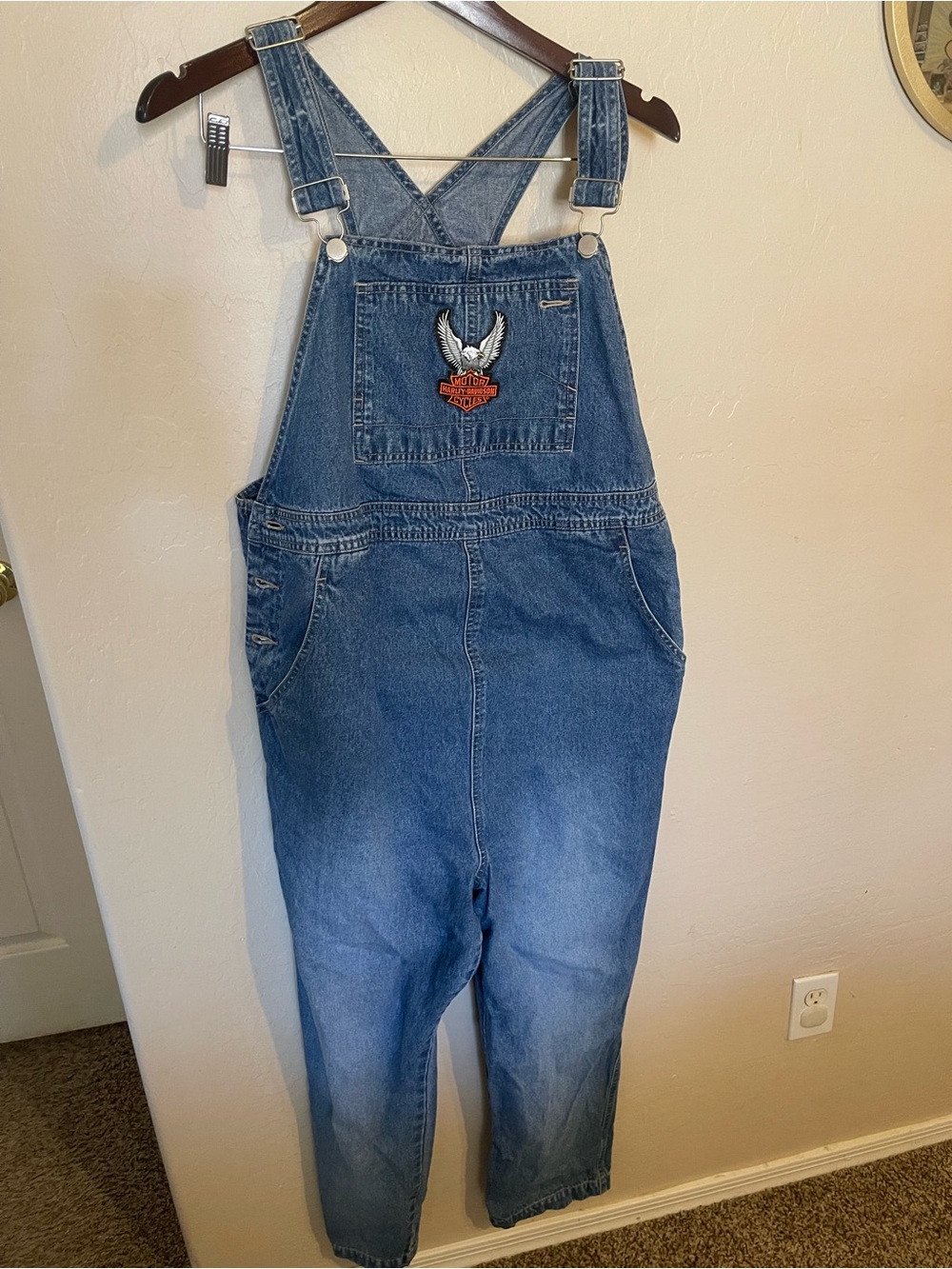Maternity overalls with Harley Davidson patch